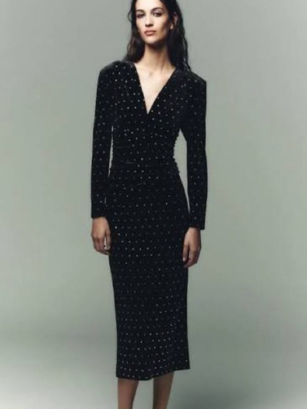 Zara Black Long-Sleeve V-Neck Midi Dress with Subtle Sparkle